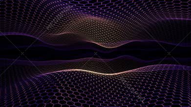 Abstract flowing hexagonal grid with glowing purple and golden lines forming layered wave surfaces