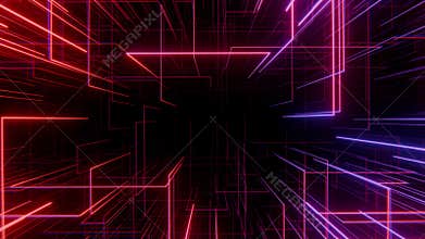 Seamless loop background with abstract neon digital space made of pink red and violet glowing lines