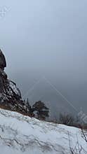 Foggy winter mountain landscape with rocky cliff
