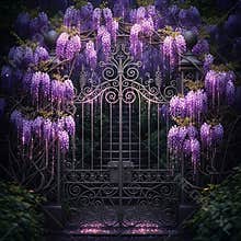 Enchanted wrought iron garden gate framed by cascading purple wisteria blooms at twilight
