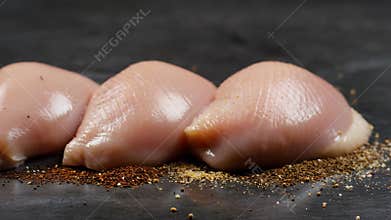 Fresh chicken breasts seasoned with spices on a dark surface. Ideal for meal preparation and culinary presentations