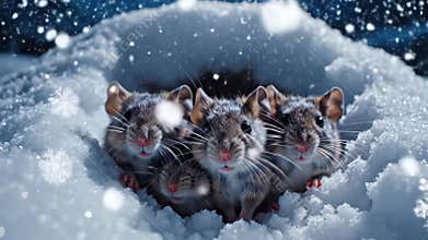 Cute Family of Little Mice Peeking Out of Snow Hole in Winter Forest