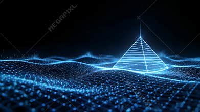 Futuristic Blue Pyramid in Dynamic Grid Wave
