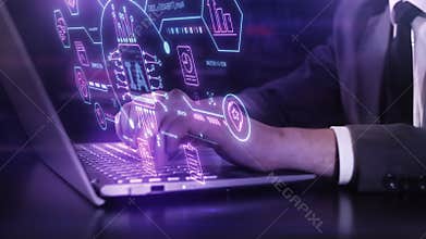 Businessman using laptop creating advanced AI data interface