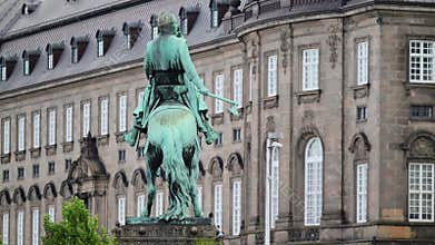 Bronze statue of bishop Absalon on horseback fronting the Danish Parliament. Chr