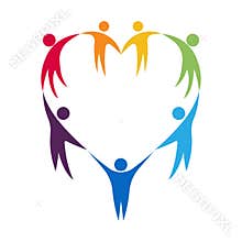Colorful flat people standing together by hand in a heart shaped