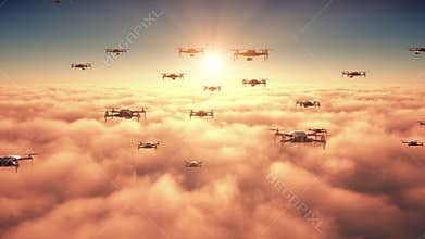 Flight Of Army Of Drones Above The Clouds Against The Backdrop Of The Rising Sun. 4K.
