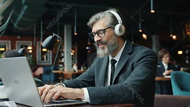 Joyful office worker using laptop in cafe listening to music and singing in restaurant