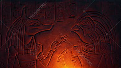 Anubis And Horus In Firelight Egyptian Gods
