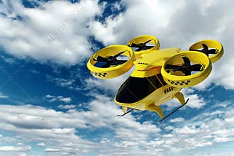 Yellow flying taxi against the sky, city electric transport drone. Car with propellers, clean air, fast ride. Mixed media, copy