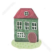 Watercolor house. Cute green fairytale house. Hand painted illustration, isolated on white. Cartoon hand drawn style.
