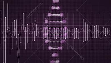 Animation of DNA strain spinning with sound waves going up and down on purple background