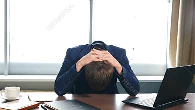 Frustrated business man cannot concentrate, having block of writers, lack of new ideas, or creative or financial crisis