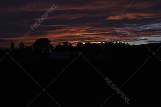 Beautiful silhouettes of trees on horizon against a colorful sunrise, red sky.