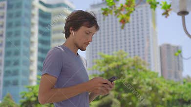 Concept of a contact tracing app for coping with COVID-19 Pandemic. Coronavirus Mobile Application - people on a city