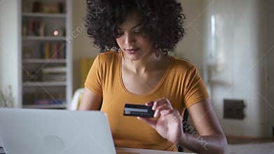 Black biracial woman buying online with credit card using laptop sit inside. Spbd shopping