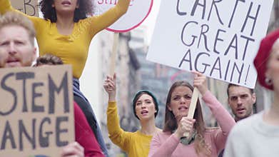People with banners protest for climate change