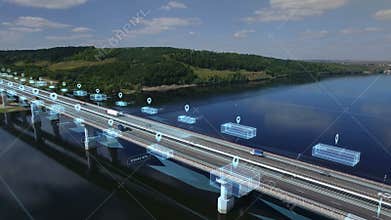 Logistics, delivery and transport of goods and parcels by means of transport, van and truck. Aerial view on bridge
