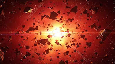 Asteroids Cluster In The Rays Of Red Sun.