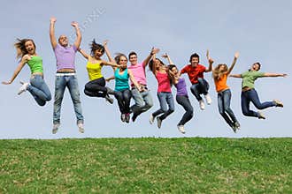 diverse Group teens, teenagers jumping