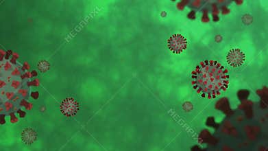 Coronavirus or COVID-19 particles moving in green microscopic background with copy space