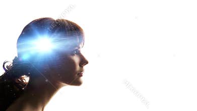 Profile of a woman with the galaxy as a brain. The scientific concept.