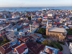 Aerial View on Old Slave Market in Anglican Cathedral at sunset time in Stone Town, Zanzibar, Tanzania