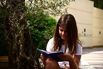 Reading a book near an olive tree