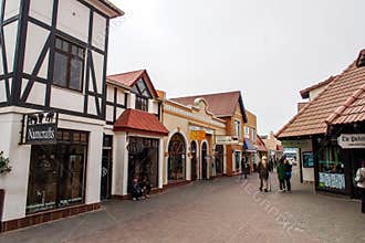 Swakopmund, Namibia - Jul 11, 2019: typical house with colorful facade - german colonial architecture in Swakopmund
