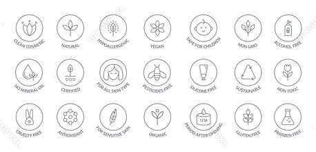 Natural and organic cosmetic line icons big set. GMO free emblems. Organic products badges. Hypoallergenic, safe for