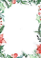 Watercolor Christmas rectangular frame with spruce branches, pine, holly, flowers, leaves, berries