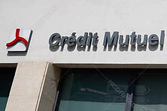 Bordeaux , Aquitaine / France - 07 06 2020 : Credit mutuel sign text and red cross logo on bank office agency building