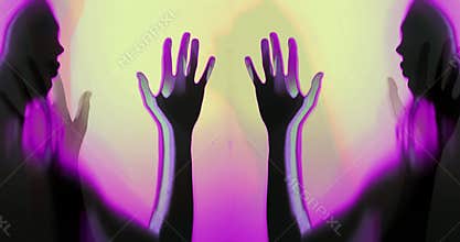 Collage psychedelic silhouette of a girl in hypnotic movement as in a dream shimmering with different colors.