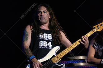 The Iron Maiden during the concert, the bassist Steve Harris