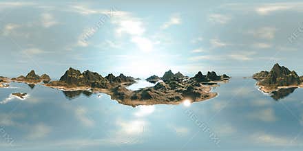 8K HDRI map: ocean landscape - islands with mountains and sandy beaches under a sunny sky realistic 360 degree render for spheric