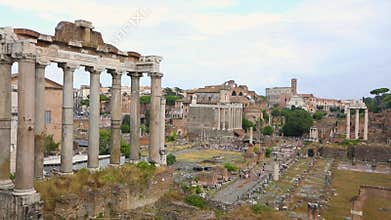 Temple of Saturn at the Roman Forum in Rome. The ruins of ancient Rome. The ruins of the Roman Forum