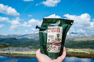 Coffee brewer roasted gourmet coffee from brazil , brew in the bag with landscape scenery