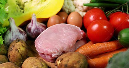 Fresh organic food from local bio farm- group of vegetables, meat and eggs