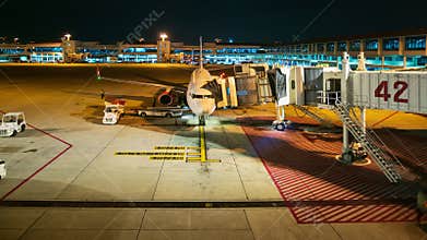 Time lapse ground staff Preparing the aircraft before flight Loading of baggage Food for flight services and equipment before