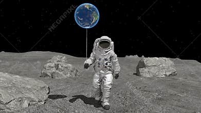 Atsronaut with a ball in the shape of the Earth is walking on the moon. Elements of this video furnished by NASA. 3d