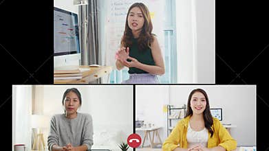 Asia businesswomen user interface of business team talk by video call share ideas brainstorming online meeting while use laptop