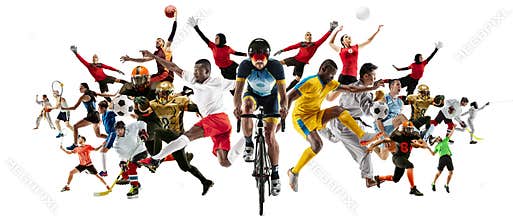 Sport collage of professional athletes or players isolated on white background, flyer