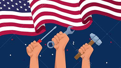 Happy labor day celebration with usa flag and hands lifting tools