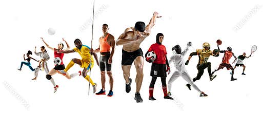 Sport collage of professional athletes or players isolated on white background, flyer