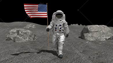 Astronaut walking on the moon with American flag. CG Animation. Some Elements of this video furnished by NASA