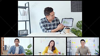 Asian business people, office coworkers on video online conference call, remote team meeting collage screen