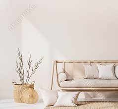Close up for modern living room interior with natural wooden furniture