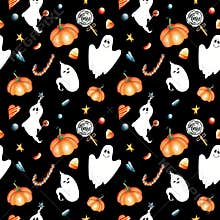 Halloween seamless pattern background with cute little ghosts, pumpkins, candy corn, candies, stars, hearts on dark background.