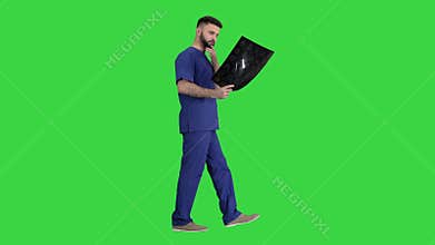 Surgeon studying mri brain scan while walking on a Green Screen, Chroma Key.