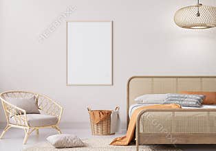 Mockup frame in bedroom interior background with natural wooden furniture